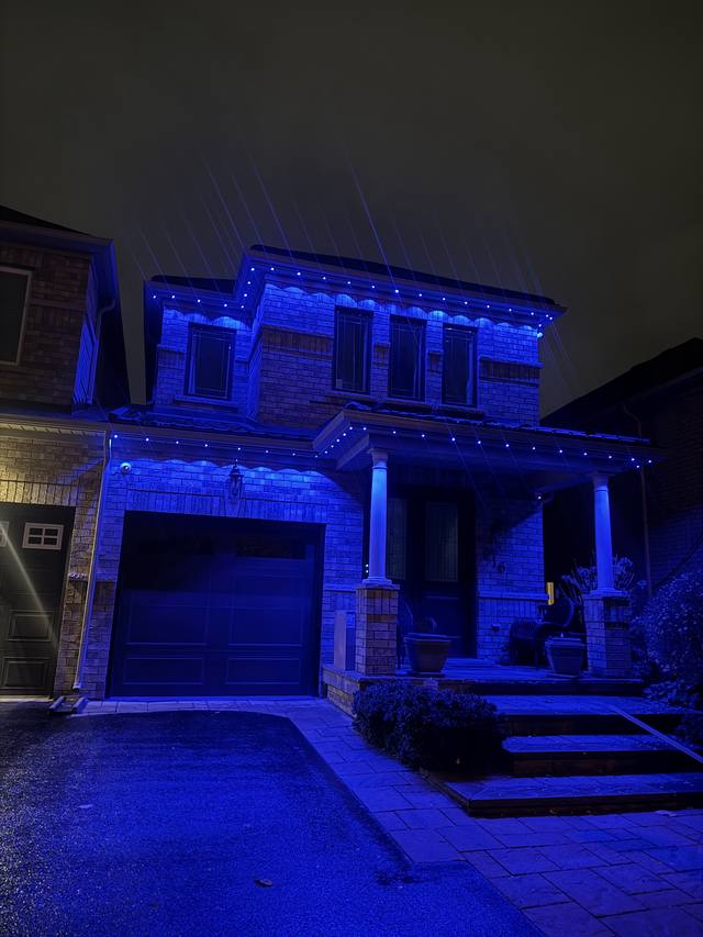 Home illuminated in electric blue permanent architectural lighting